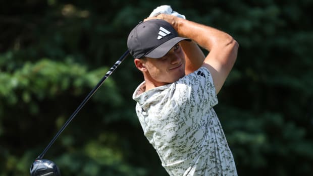 Ludvig Åberg, the 24-year-old Swedish golfer, hits a tee shot.
